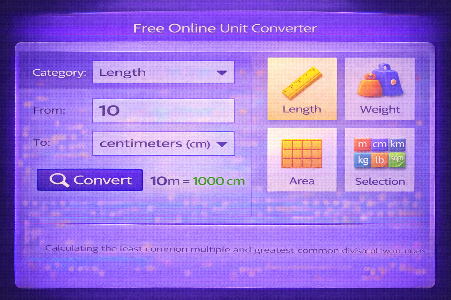 Free online unit converter interface with category length weight area selection m cm km inch kg lb sqm sqft